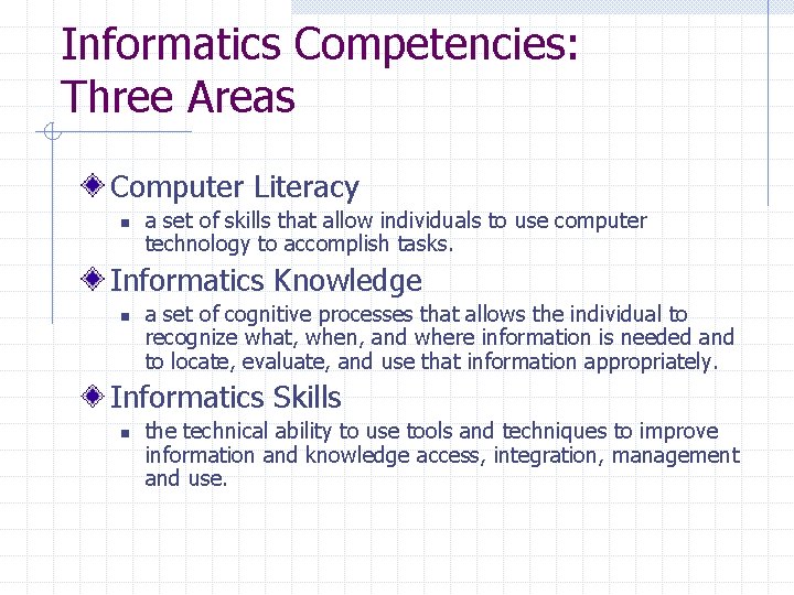 Informatics Competencies: Three Areas Computer Literacy n a set of skills that allow individuals