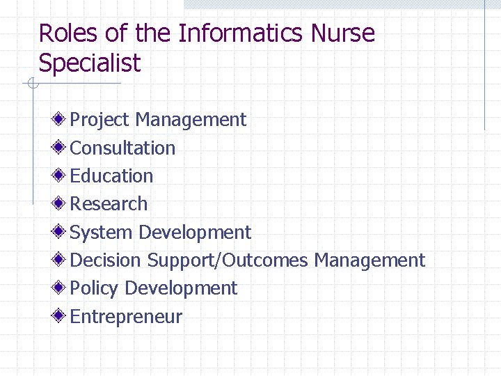 Roles of the Informatics Nurse Specialist Project Management Consultation Education Research System Development Decision