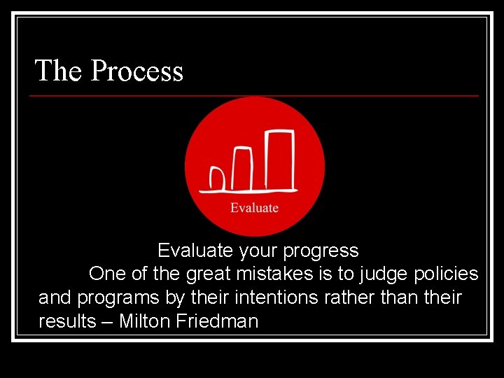 The Process Evaluate your progress One of the great mistakes is to judge policies