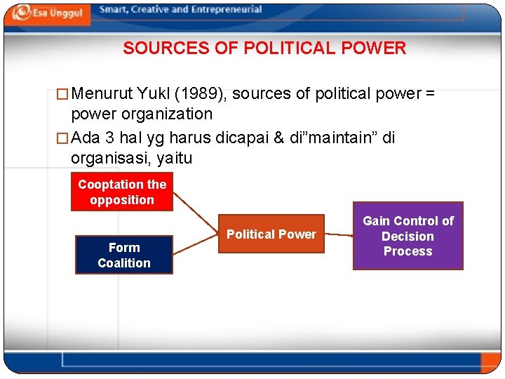 SOURCES OF POLITICAL POWER � Menurut Yukl (1989), sources of political power = power SOURCES OF POLITICAL POWER � Menurut Yukl (1989), sources of political power = power