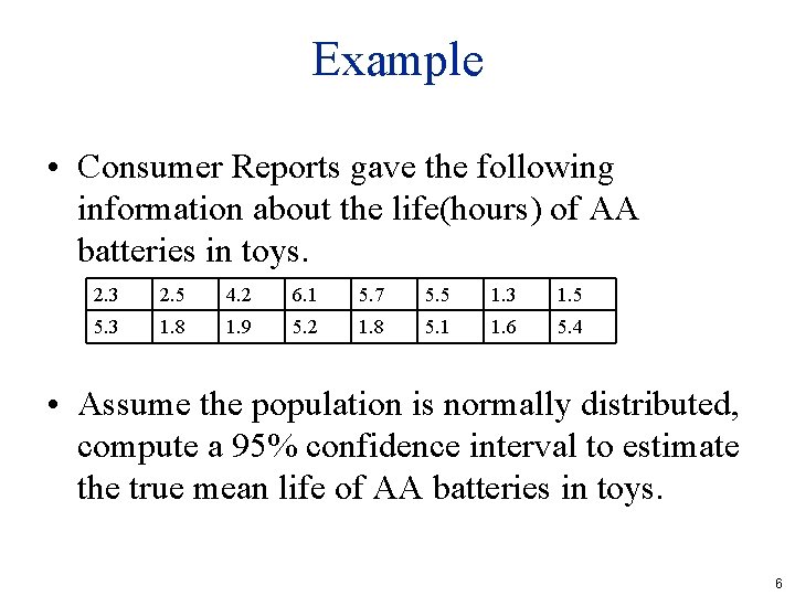Example • Consumer Reports gave the following information about the life(hours) of AA batteries