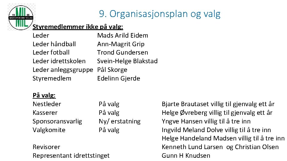 9. Organisasjonsplan og valg Styremedlemmer ikke på valg: Leder Mads Arild Eidem Leder håndball