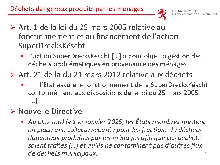 Déchets dangereux produits par les ménages Ø Art. 1 de la loi du 25