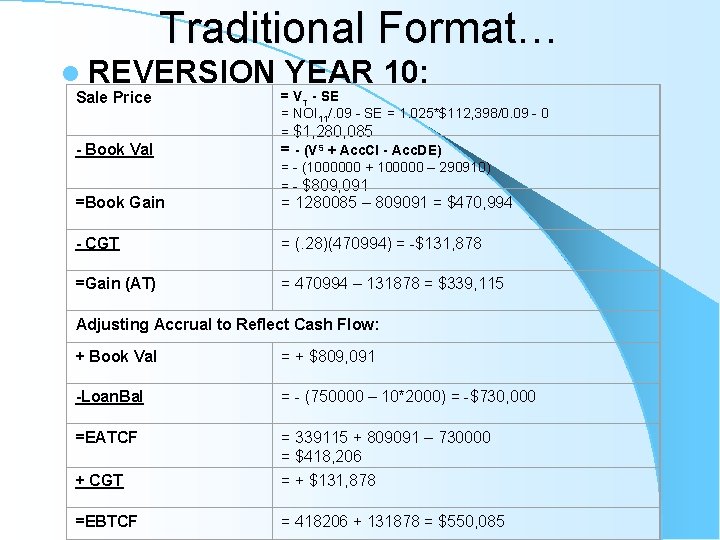 Traditional Format… l REVERSION Sale Price - Book Val =Book Gain YEAR 10: =