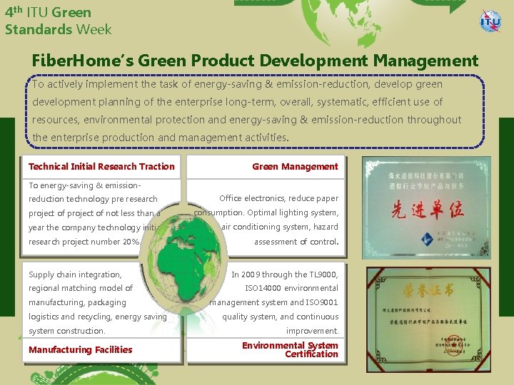 4 th ITU Green Standards Week Fiber. Home’s Green Product Development Management To actively