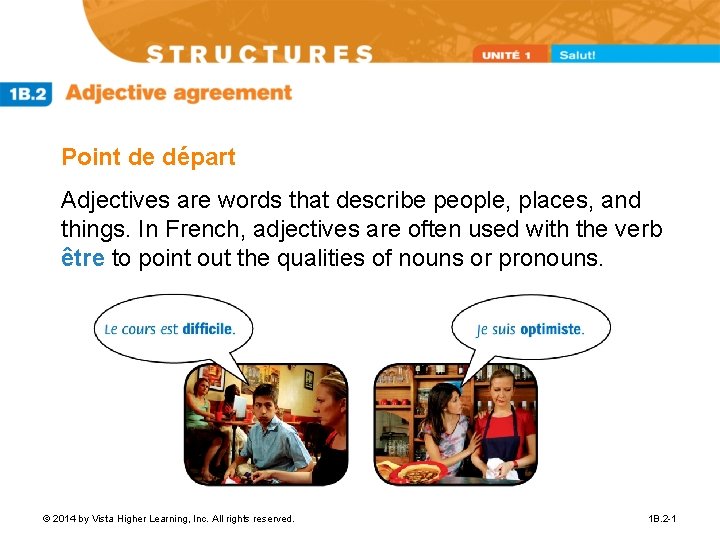 Point de départ Adjectives are words that describe people, places, and things. In French,