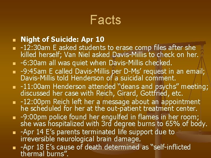 Facts n n n n n Night of Suicide: Apr 10 -12: 30 am