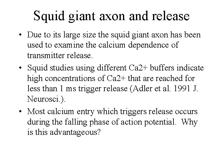 Squid giant axon and release • Due to its large size the squid giant