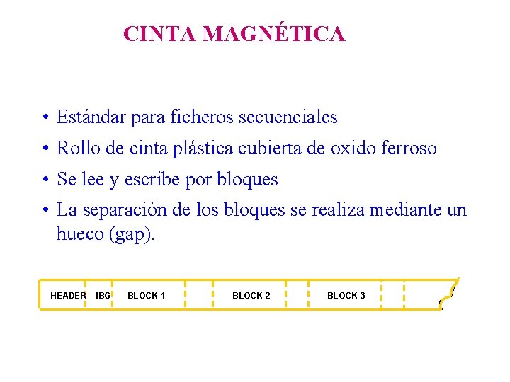 CINTA MAGNÉTICA • Estándar para ficheros secuenciales • Rollo de cinta plástica cubierta de