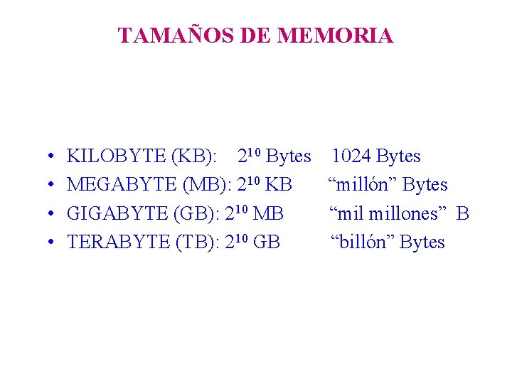 TAMAÑOS DE MEMORIA • • KILOBYTE (KB): 210 Bytes 1024 Bytes MEGABYTE (MB): 210