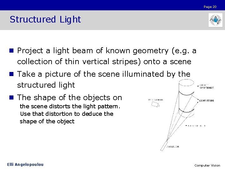 Page 20 Structured Light n Project a light beam of known geometry (e. g.