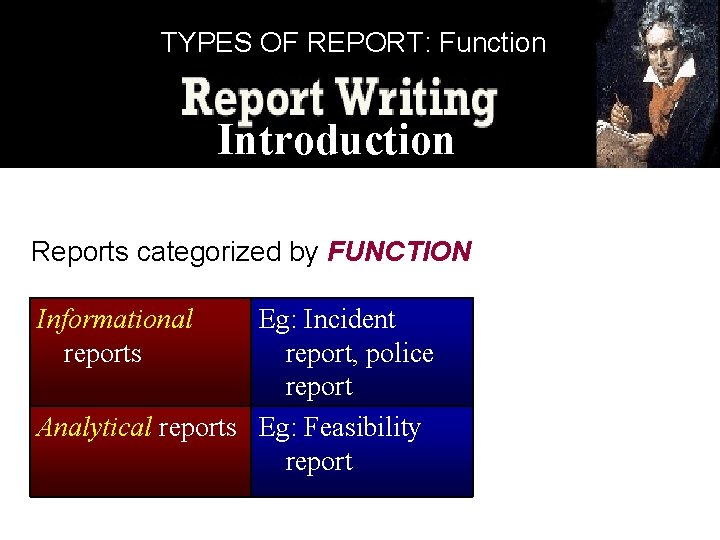 TYPES OF REPORT: Function Introduction Reports categorized by FUNCTION Informational reports Eg: Incident report,