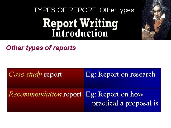 TYPES OF REPORT: Other types Introduction Other types of reports Case study report Eg: