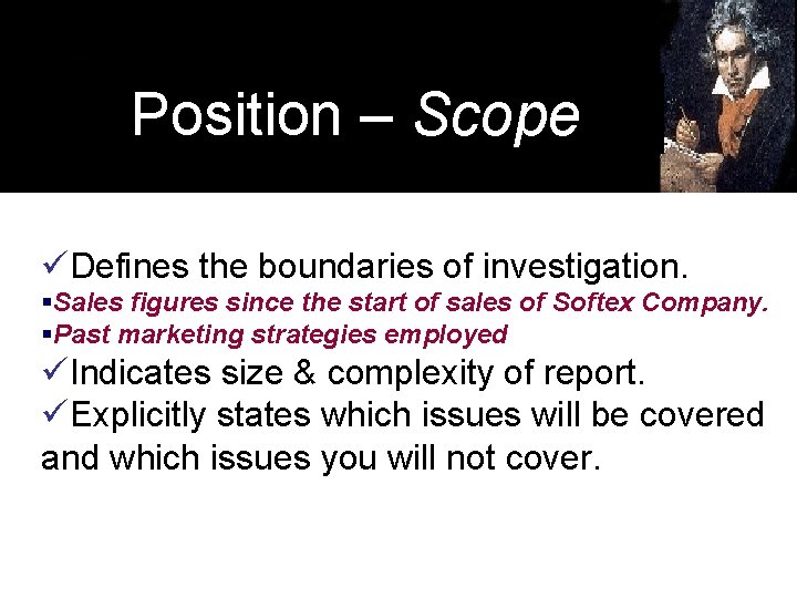 Position – Scope üDefines the boundaries of investigation. §Sales figures since the start of