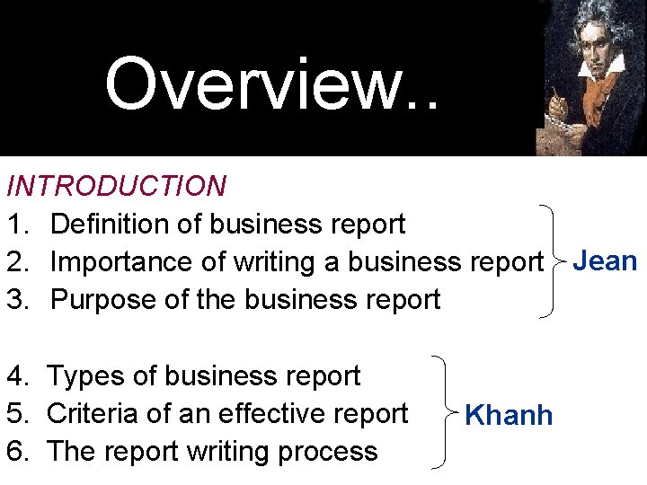 Overview. . INTRODUCTION 1. Definition of business report 2. Importance of writing a business