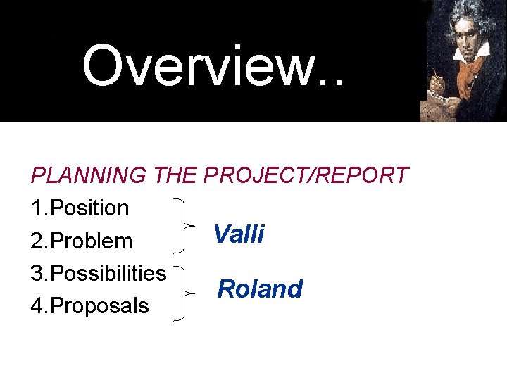 Overview. . PLANNING THE PROJECT/REPORT 1. Position Valli 2. Problem 3. Possibilities Roland 4.