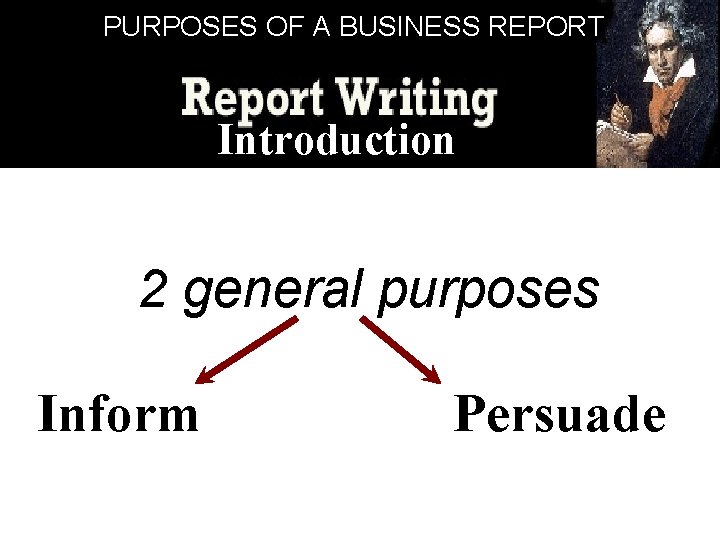 PURPOSES OF A BUSINESS REPORT Introduction 2 general purposes Inform Persuade 