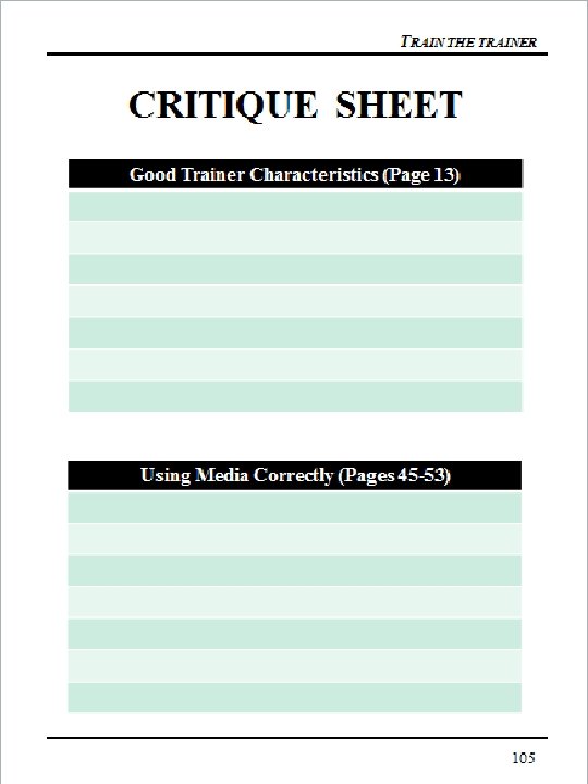 TRAIN THE TRAINER CRITIQUE SHEET • Good Trainer Characteristics (Page 15) 105 