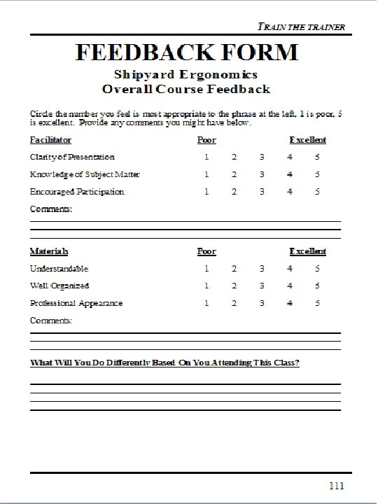 TRAIN THE TRAINER FEEDBACK FORM 111 