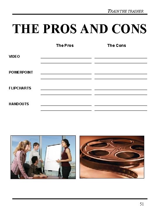 TRAIN THE TRAINER THE PROS AND CONS The Pros VIDEO POWERPOINT FLIPCHARTS HANDOUTS The
