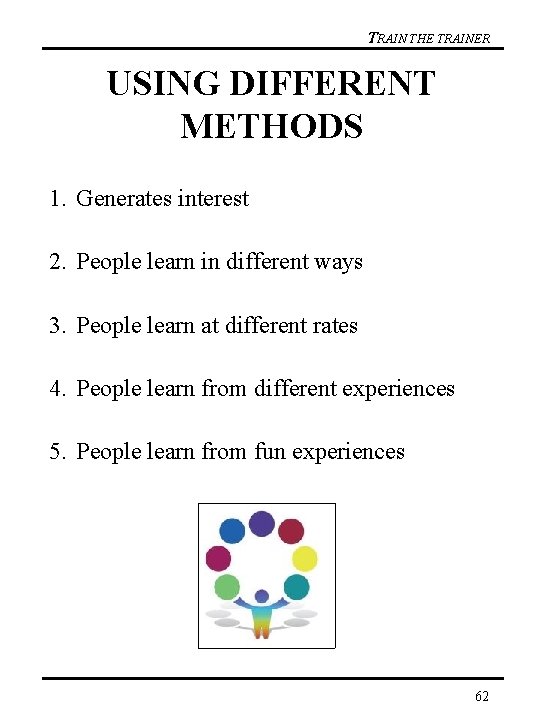 TRAIN THE TRAINER USING DIFFERENT METHODS 1. Generates interest 2. People learn in different