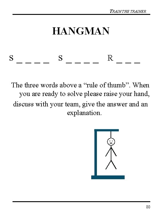 TRAIN THE TRAINER HANGMAN s _ _ _ _ R _ _ _ The