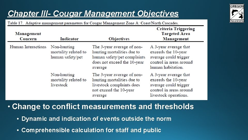 Chapter III- Cougar Management Objectives • Change to conflict measurements and thresholds • Dynamic