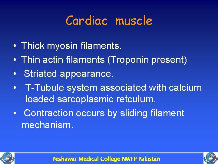 Cardiac muscle • • Thick myosin filaments. Thin actin filaments (Troponin present) Striated appearance.