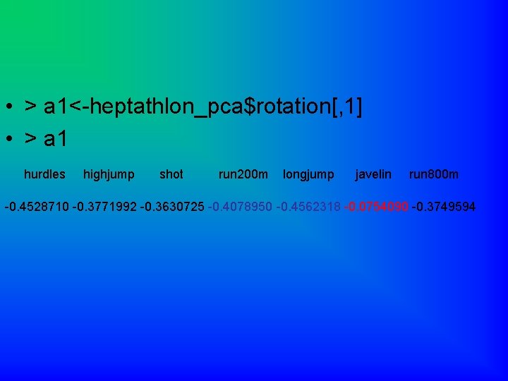  • > a 1<-heptathlon_pca$rotation[, 1] • > a 1 hurdles highjump shot run