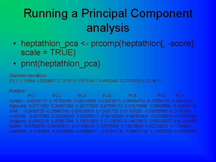 Running a Principal Component analysis • heptathlon_pca <- prcomp(heptathlon[, -score], scale = TRUE) •