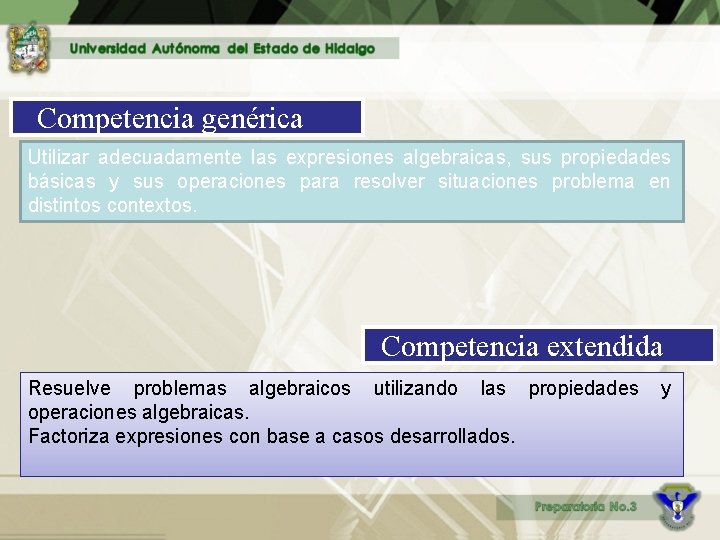 Competencia genérica Utilizar adecuadamente las expresiones algebraicas, sus propiedades básicas y sus operaciones para