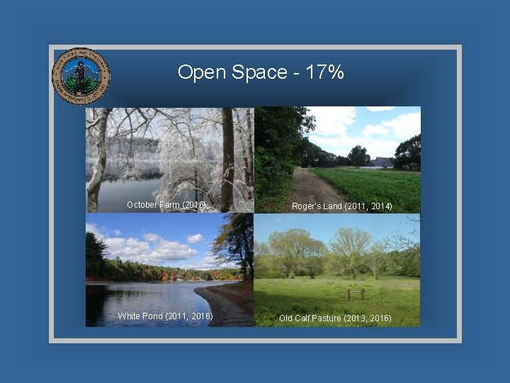 Open Space - 17% October Farm (2016) White Pond (2011, 2016) Roger’s Land (2011,