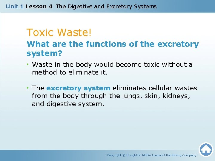 Unit 1 Lesson 4 The Digestive and Excretory Systems Toxic Waste! What are the