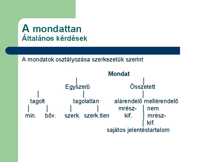 A mondattan Általános kérdések A mondatok osztályozása szerkezetük szerint Mondat │ tagolt │ │