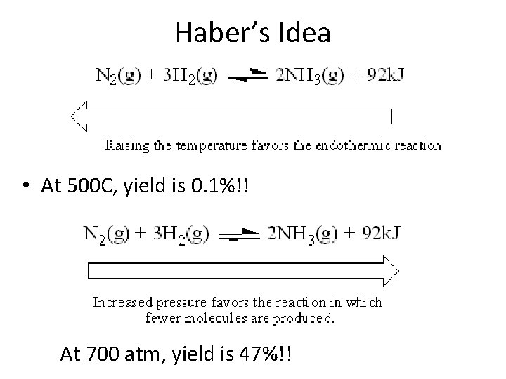 Haber’s Idea • At 500 C, yield is 0. 1%!! At 700 atm, yield