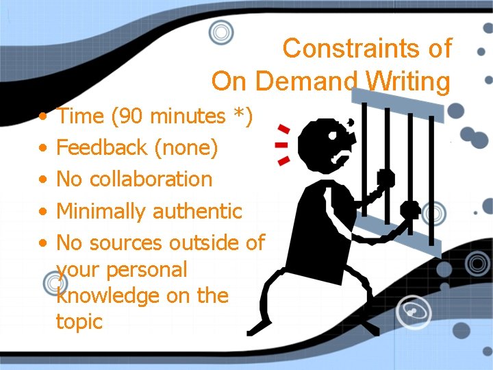 Constraints of On Demand Writing • • • Time (90 minutes *) Feedback (none)