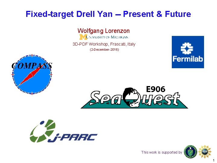 Fixed-target Drell Yan -- Present & Future Wolfgang Lorenzon 3 D-PDF Workshop, Frascati, Italy