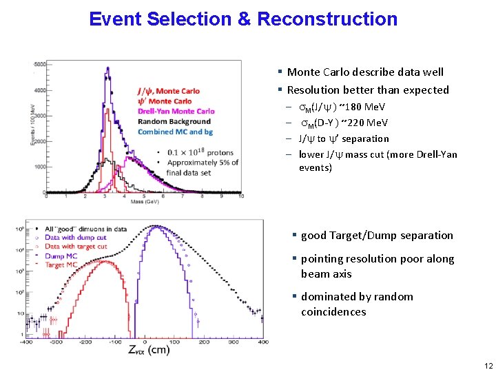 Event Selection & Reconstruction § Monte Carlo describe data well § Resolution better than