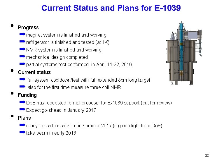 Current Status and Plans for E-1039 • Progress • Current status • Funding •