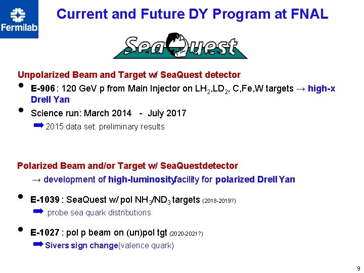 Current and Future DY Program at FNAL Unpolarized Beam and Target w/ Sea. Quest