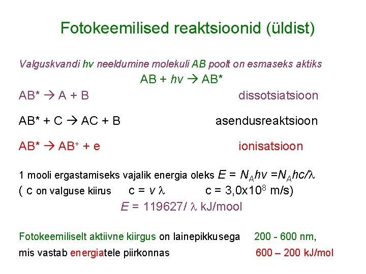 Fotokeemilised reaktsioonid (üldist) Valguskvandi hv neeldumine molekuli AB poolt on esmaseks aktiks AB +