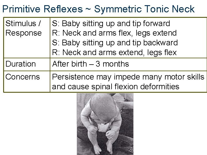 Primitive Reflexes ~ Symmetric Tonic Neck Stimulus / Response Duration Concerns S: Baby sitting Primitive Reflexes ~ Symmetric Tonic Neck Stimulus / Response Duration Concerns S: Baby sitting