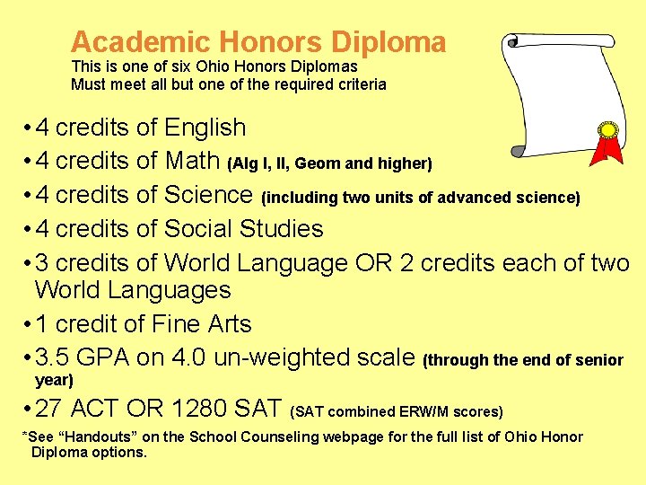 Academic Honors Diploma This is one of six Ohio Honors Diplomas Must meet all