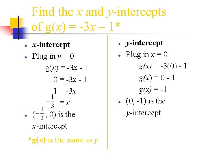 Find the x and y-intercepts of g(x) = -3 x – 1* ● ●