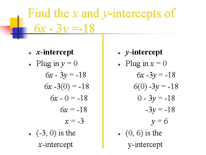 Find the x and y-intercepts of 6 x - 3 y =-18 ● ●
