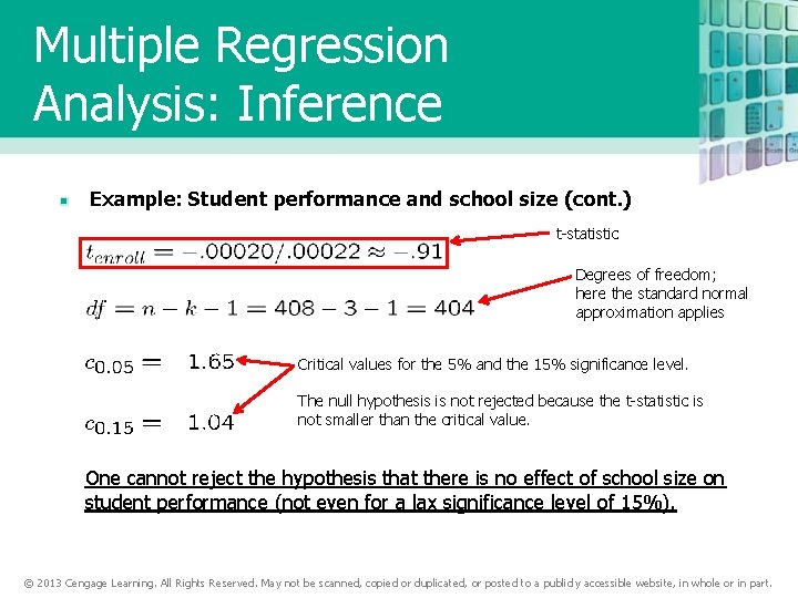 Multiple Regression Analysis: Inference Example: Student performance and school size (cont. ) t-statistic Degrees