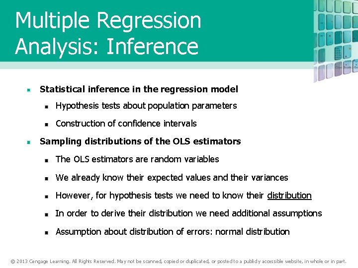 Multiple Regression Analysis: Inference Statistical inference in the regression model Hypothesis tests about population