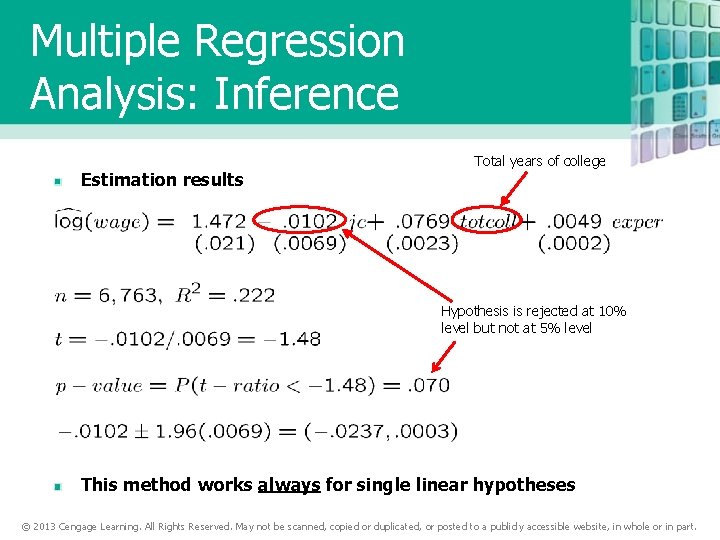 Multiple Regression Analysis: Inference Estimation results Total years of college Hypothesis is rejected at