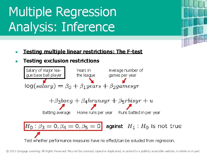 Multiple Regression Analysis: Inference Testing multiple linear restrictions: The F-test Testing exclusion restrictions Salary