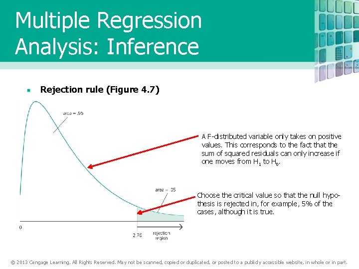 Multiple Regression Analysis: Inference Rejection rule (Figure 4. 7) A F-distributed variable only takes